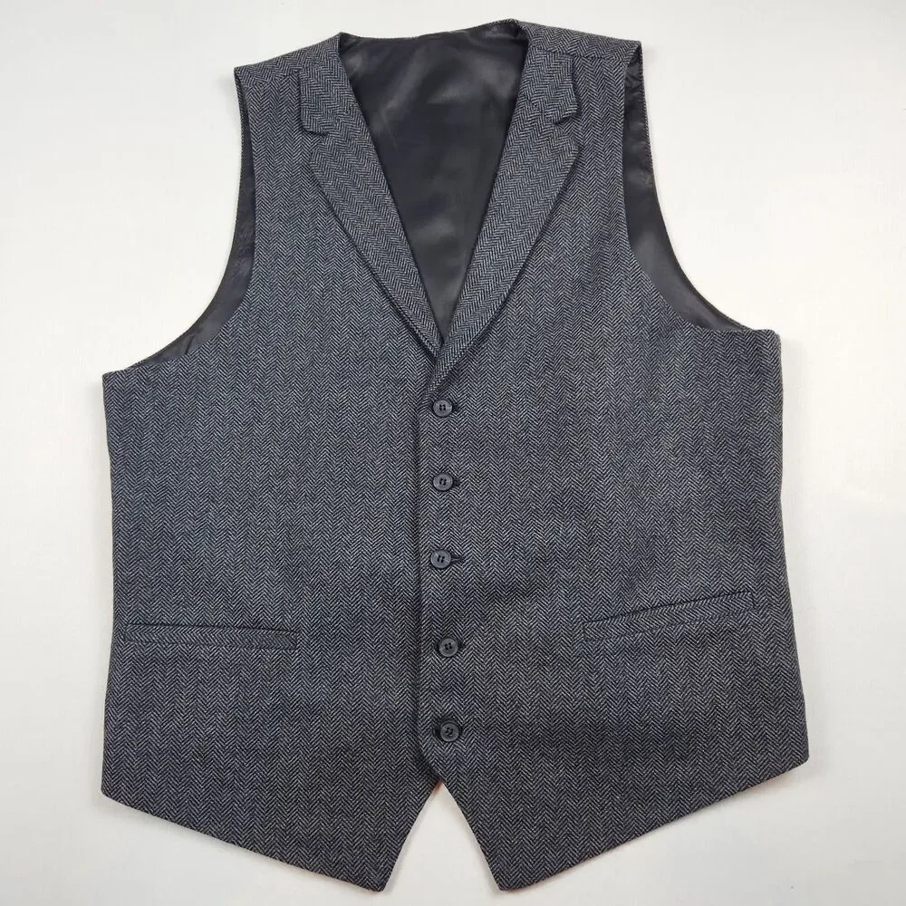 Voboom Herringbone Tweed Vest Mens XL Dark Gray Wool Blend Adjustable Gentleman